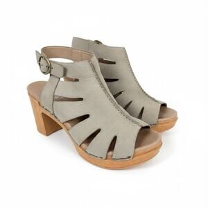 Dansko Demetra Nubuck Heel Peep Toe Sandals Women 39 US 8.5-9 Taupe Block Heels